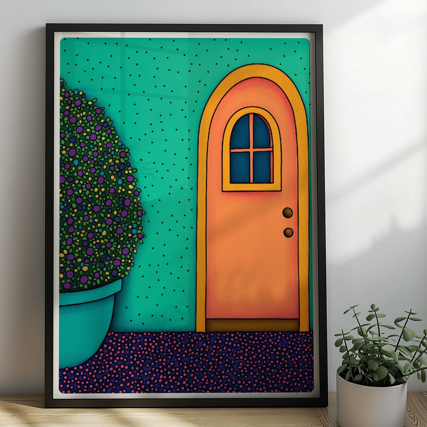 Orangefarbene Haustür mit gelbem Bogenrahmen, türkisfarbener Wand und großem rundem Blumentopf – dekorative mediterrane Fassadenkunst.. Rahmen schwarz 50x70