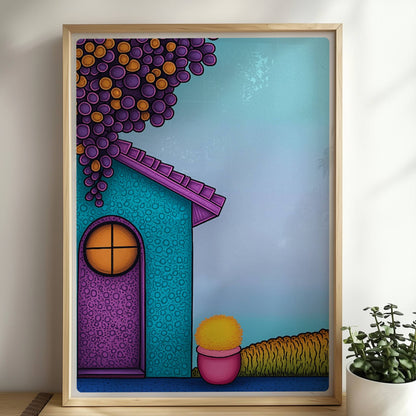 Türkise Hausfassade mit runder lila Tür, hängenden roten Trauben und gelbem Blumentopf – fröhliches mediterranes Urlaubsmotiv.. Rahmen natur 50x70