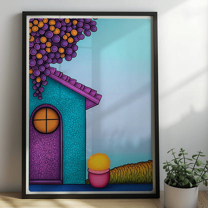 Türkise Hausfassade mit runder lila Tür, hängenden roten Trauben und gelbem Blumentopf – fröhliches mediterranes Urlaubsmotiv.. Rahmen schwarz 50x70
