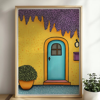 Gelbe Hausfassade mit türkiser Tür, hängender lila Wisteria und orangem Blumentopf – mediterrane Ferienarchitektur, heitere Stimmung.. Rahmen natur 50x70