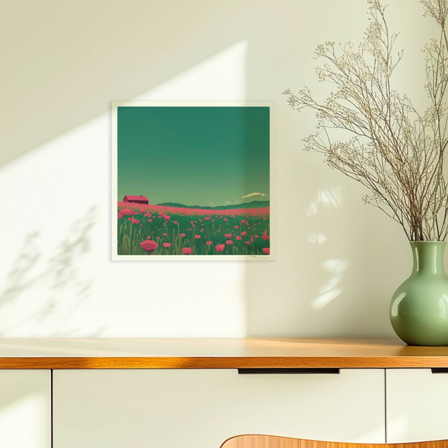 Weites Feld mit roten Mohnblumen und einsamer Scheune unter grünem Himmel – idyllische Landschaft, verträumte Stimmung.. Ohne Rahmen 30x30