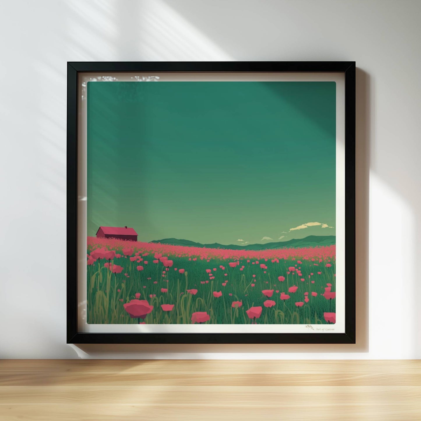 Weites Feld mit roten Mohnblumen und einsamer Scheune unter grünem Himmel – idyllische Landschaft, verträumte Stimmung.. Rahmen schwarz 30x30