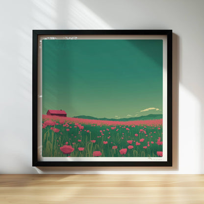 Weites Feld mit roten Mohnblumen und einsamer Scheune unter grünem Himmel – idyllische Landschaft, verträumte Stimmung.. Rahmen schwarz 30x30