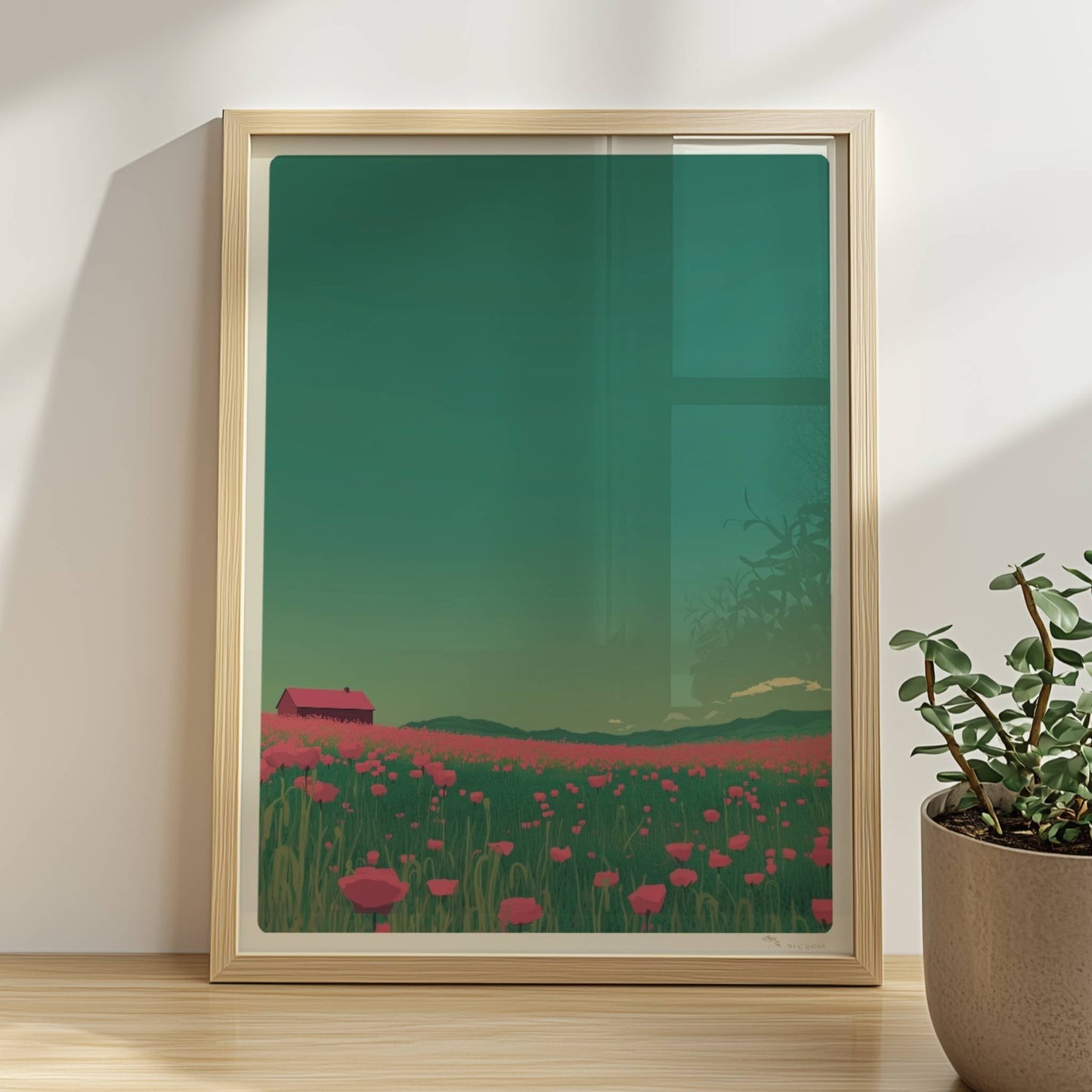 Weites Feld mit roten Mohnblumen und einsamer Scheune unter grünem Himmel – idyllische Landschaft, verträumte Stimmung.. Rahmen natur 30x40
