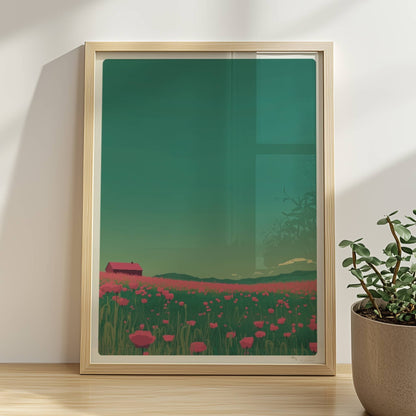 Weites Feld mit roten Mohnblumen und einsamer Scheune unter grünem Himmel – idyllische Landschaft, verträumte Stimmung.. Rahmen natur 30x40