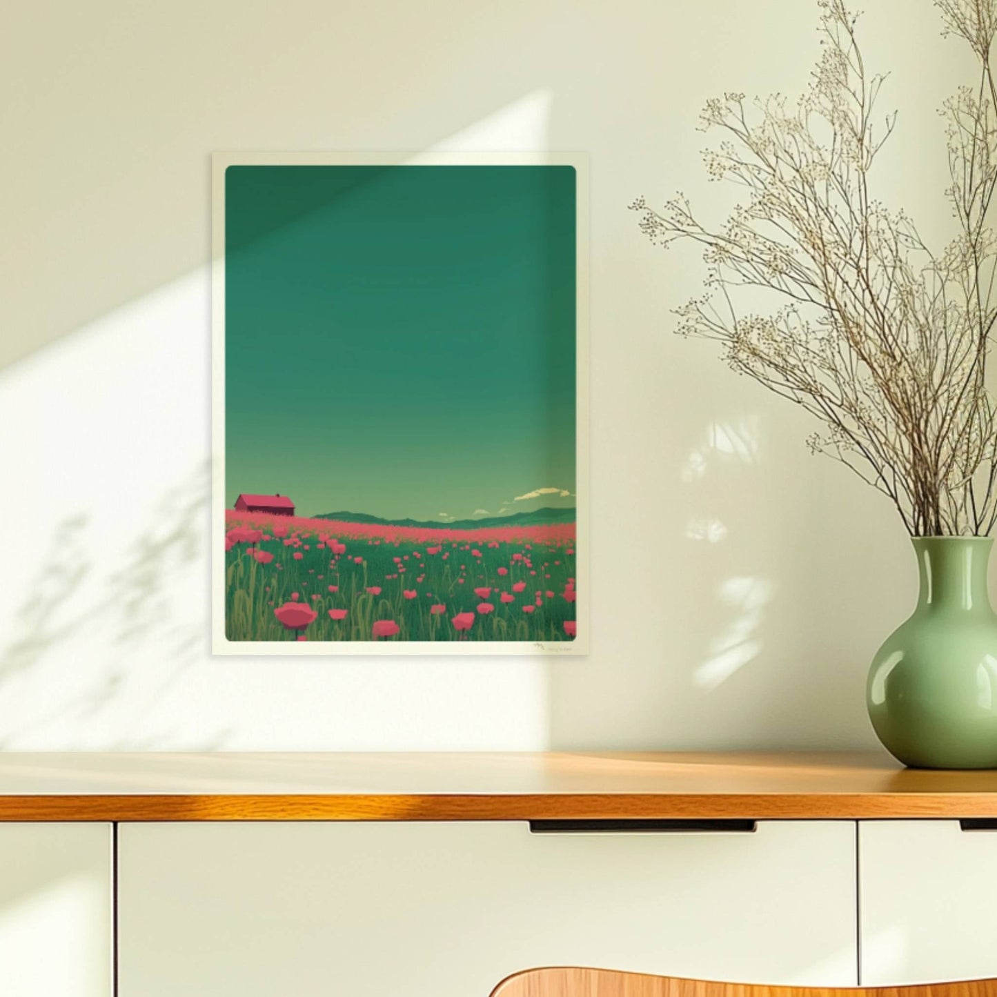 Weites Feld mit roten Mohnblumen und einsamer Scheune unter grünem Himmel – idyllische Landschaft, verträumte Stimmung.. Ohne Rahmen 30x40