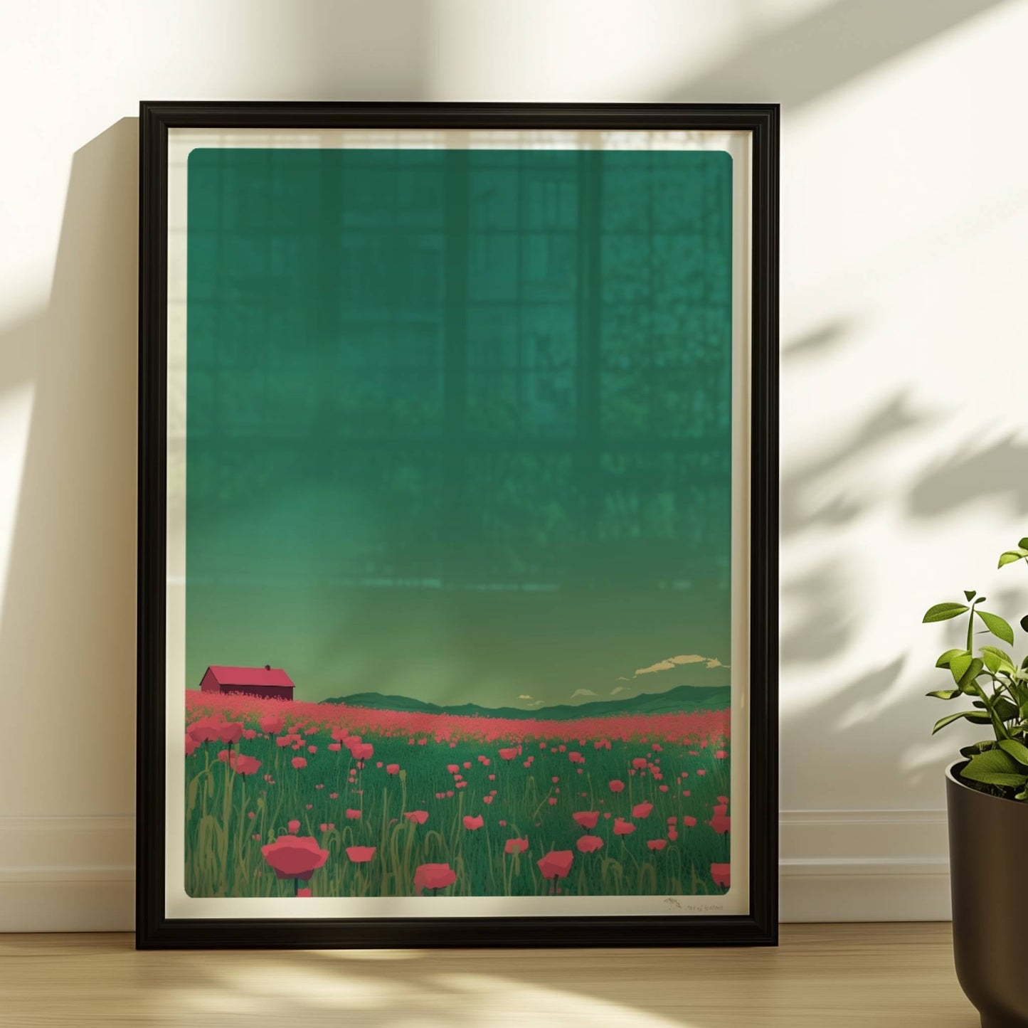 Weites Feld mit roten Mohnblumen und einsamer Scheune unter grünem Himmel – idyllische Landschaft, verträumte Stimmung.. Rahmen schwarz 30x40