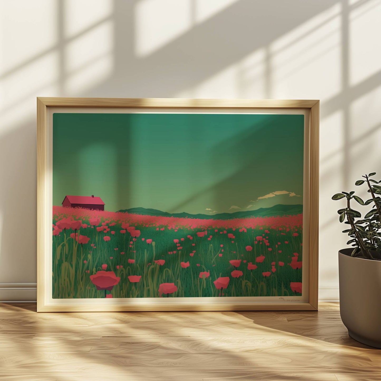 Weites Feld mit roten Mohnblumen und einsamer Scheune unter grünem Himmel – idyllische Landschaft, verträumte Stimmung.. Rahmen natur 40x30
