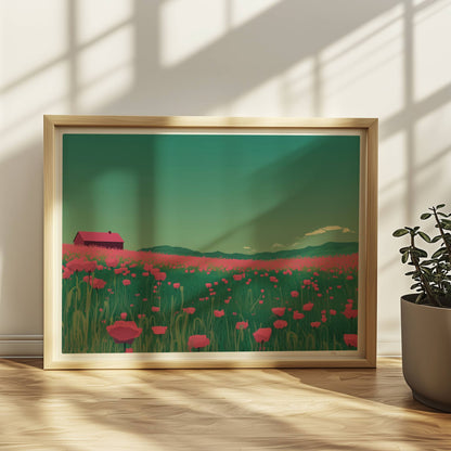 Weites Feld mit roten Mohnblumen und einsamer Scheune unter grünem Himmel – idyllische Landschaft, verträumte Stimmung.. Rahmen natur 40x30