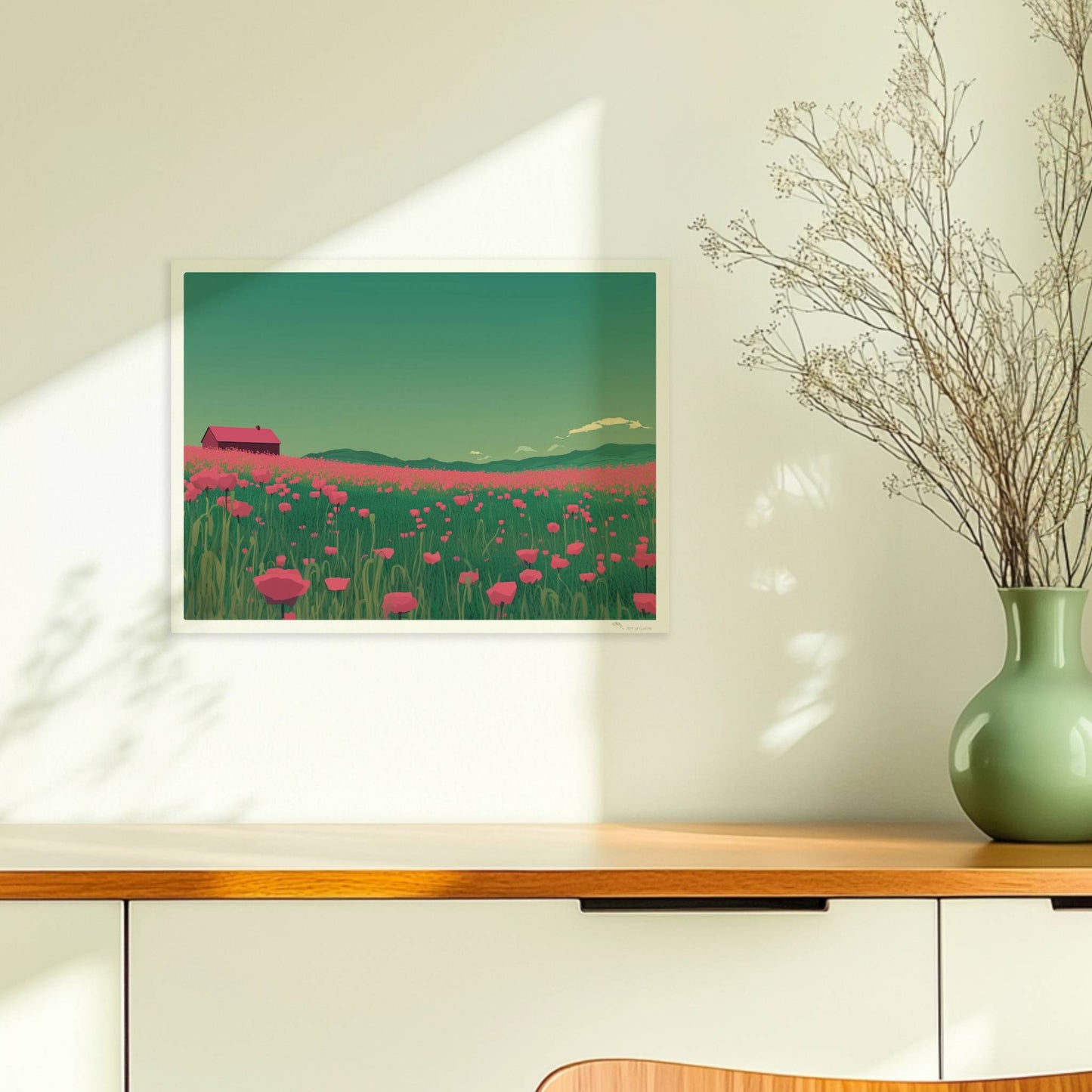 Weites Feld mit roten Mohnblumen und einsamer Scheune unter grünem Himmel – idyllische Landschaft, verträumte Stimmung.. Ohne Rahmen 40x30
