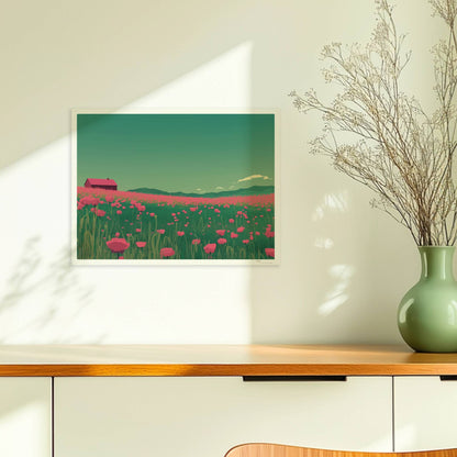 Weites Feld mit roten Mohnblumen und einsamer Scheune unter grünem Himmel – idyllische Landschaft, verträumte Stimmung.. Ohne Rahmen 40x30