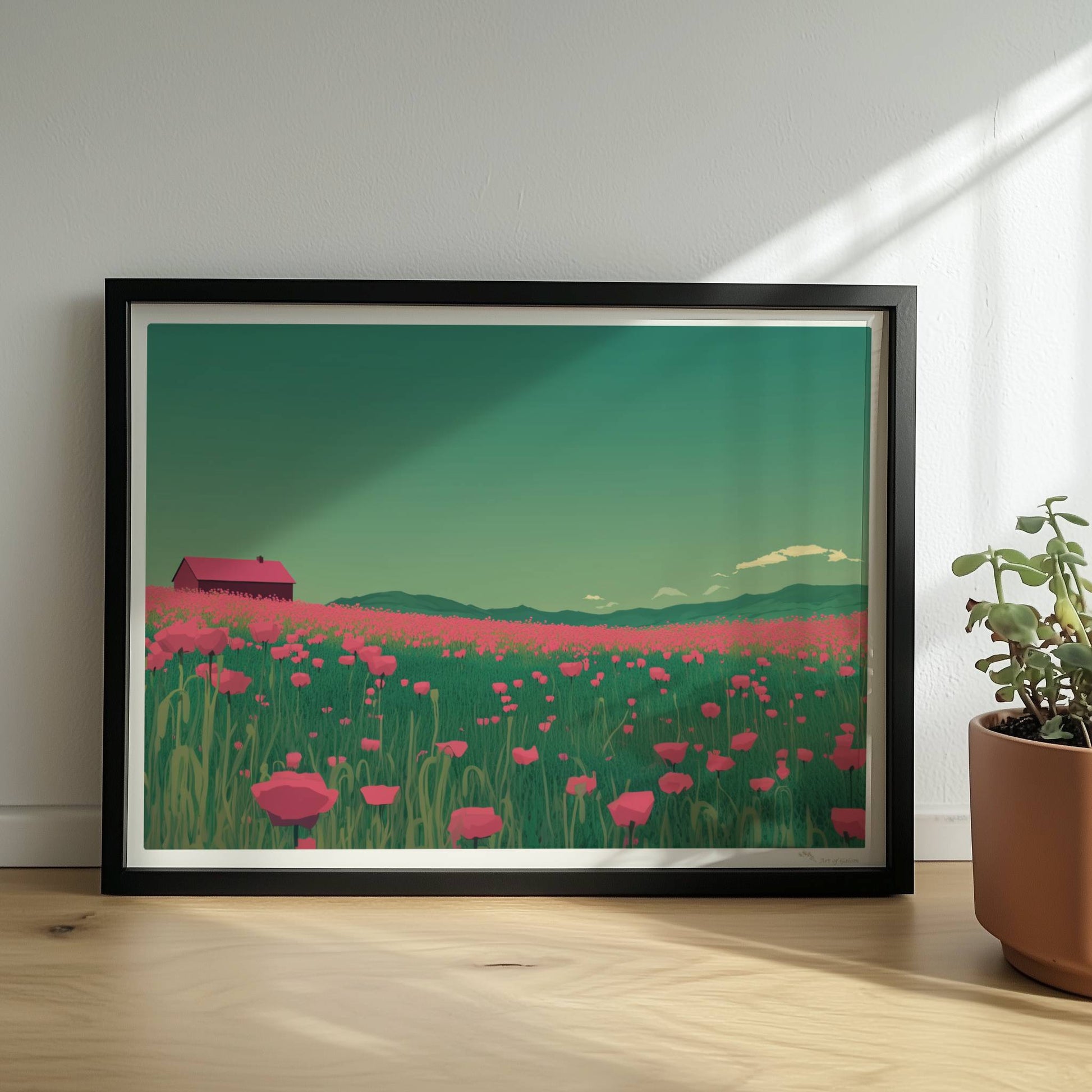 Weites Feld mit roten Mohnblumen und einsamer Scheune unter grünem Himmel – idyllische Landschaft, verträumte Stimmung.. Rahmen schwarz 40x30