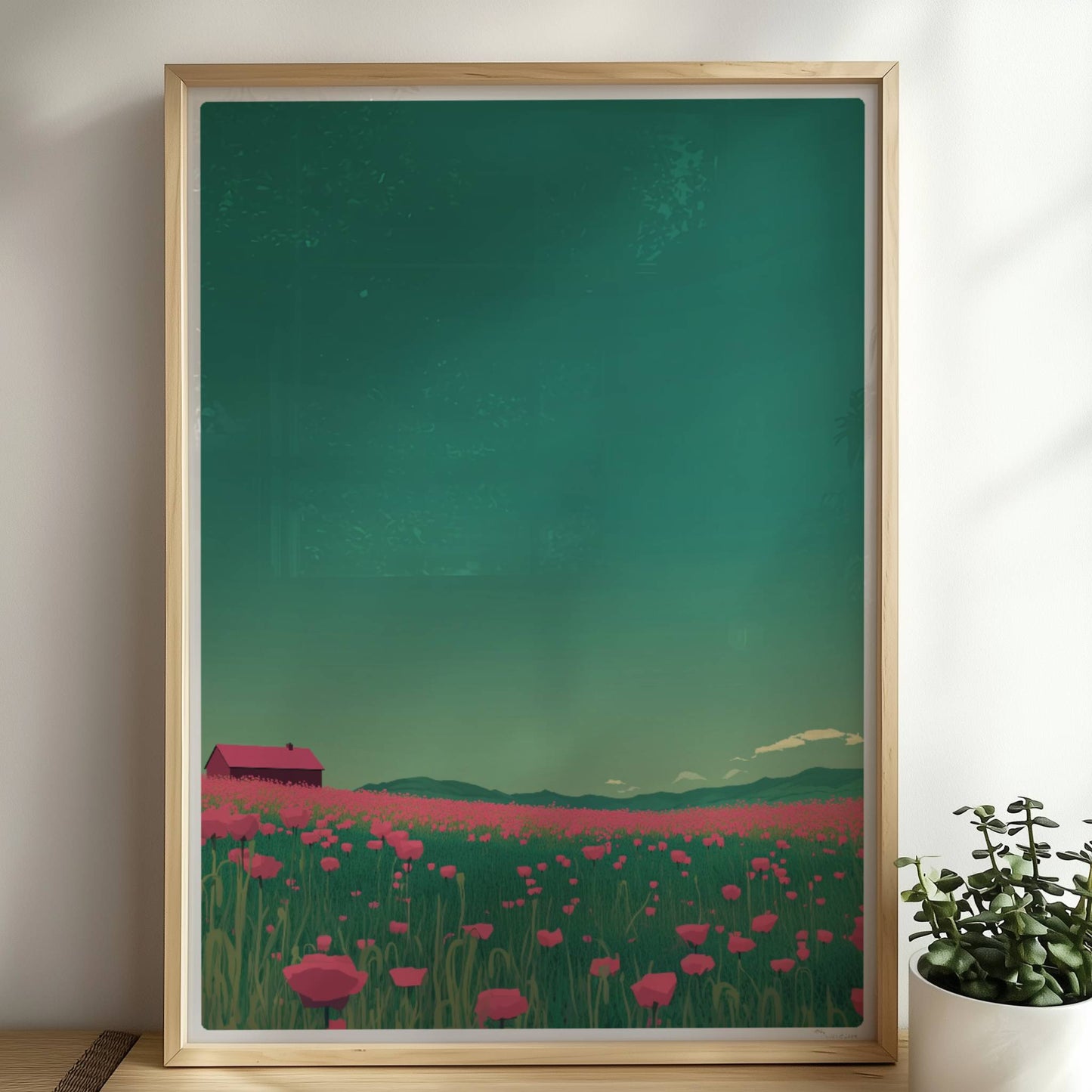 Weites Feld mit roten Mohnblumen und einsamer Scheune unter grünem Himmel – idyllische Landschaft, verträumte Stimmung.. Rahmen natur 50x70