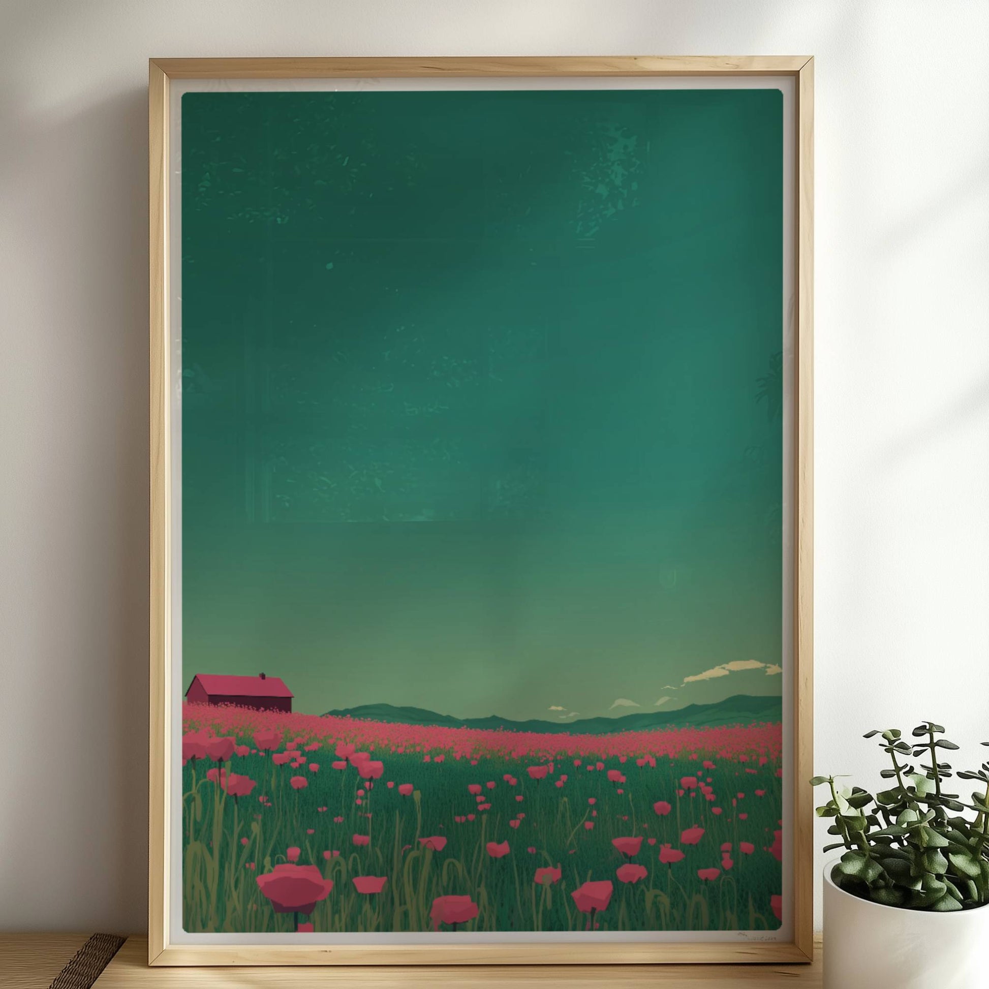 Weites Feld mit roten Mohnblumen und einsamer Scheune unter grünem Himmel – idyllische Landschaft, verträumte Stimmung.. Rahmen natur 50x70