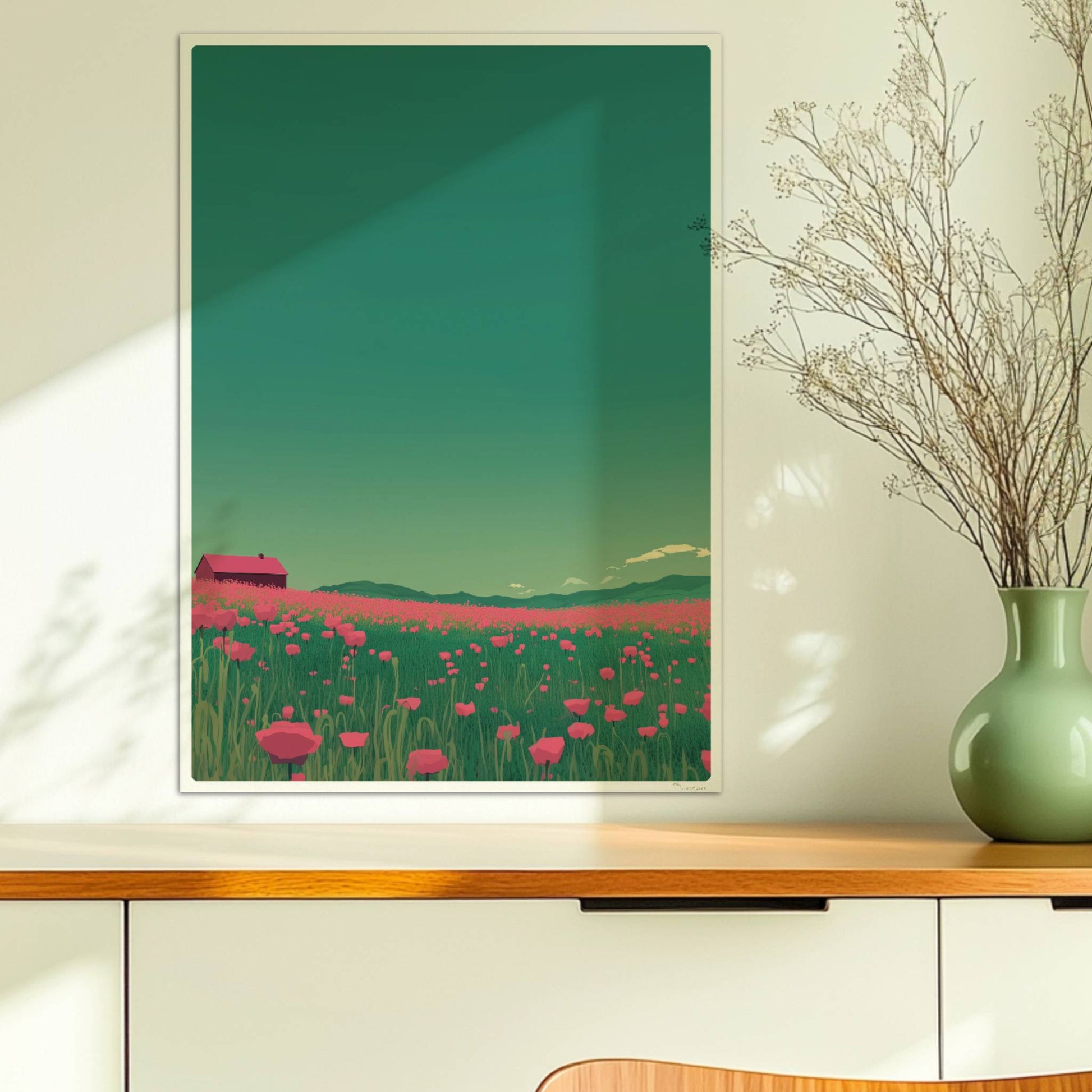 Weites Feld mit roten Mohnblumen und einsamer Scheune unter grünem Himmel – idyllische Landschaft, verträumte Stimmung.. Ohne Rahmen 50x70