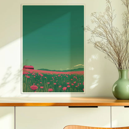Weites Feld mit roten Mohnblumen und einsamer Scheune unter grünem Himmel – idyllische Landschaft, verträumte Stimmung.. Ohne Rahmen 50x70