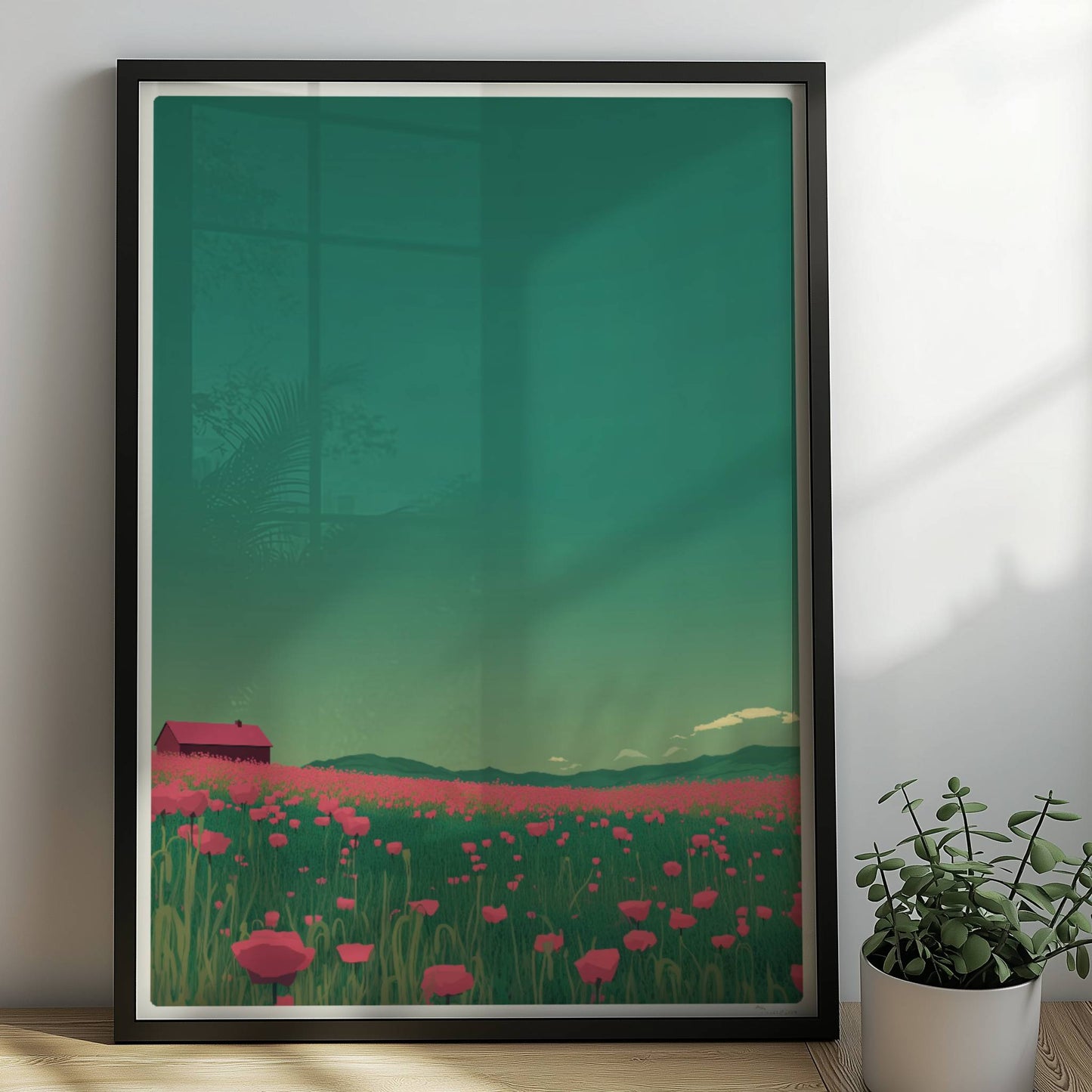 Weites Feld mit roten Mohnblumen und einsamer Scheune unter grünem Himmel – idyllische Landschaft, verträumte Stimmung.. Rahmen schwarz 50x70
