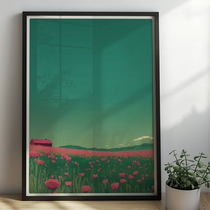 Weites Feld mit roten Mohnblumen und einsamer Scheune unter grünem Himmel – idyllische Landschaft, verträumte Stimmung.. Rahmen schwarz 50x70