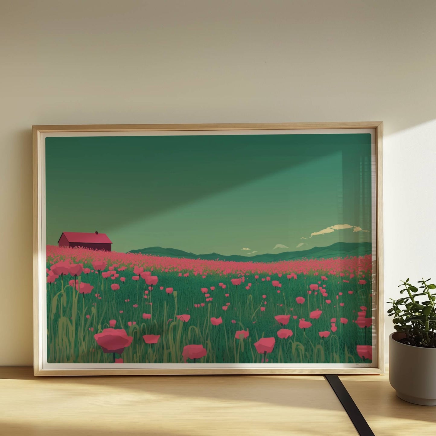 Weites Feld mit roten Mohnblumen und einsamer Scheune unter grünem Himmel – idyllische Landschaft, verträumte Stimmung.. Rahmen natur 70x50