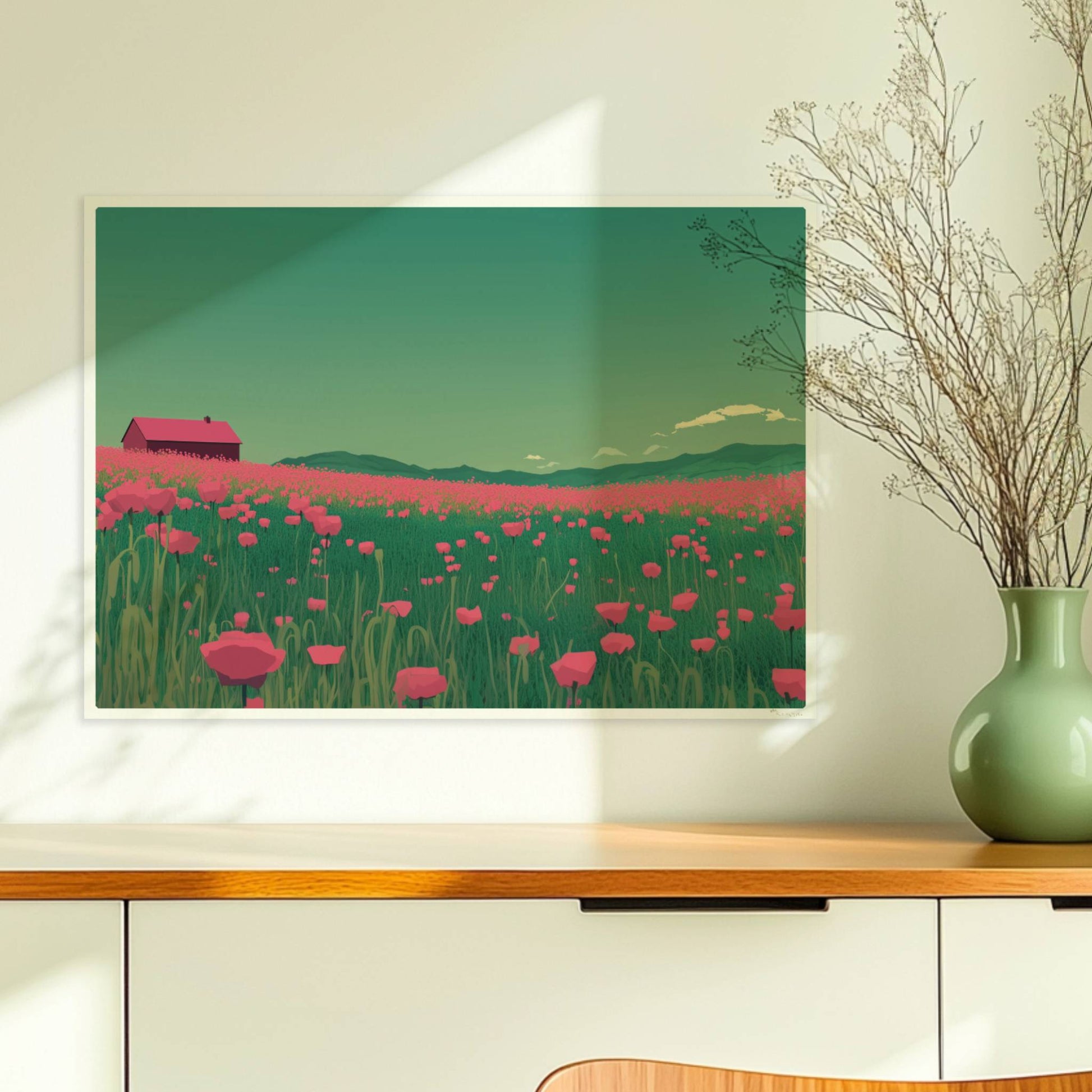 Weites Feld mit roten Mohnblumen und einsamer Scheune unter grünem Himmel – idyllische Landschaft, verträumte Stimmung.. Ohne Rahmen 70x50