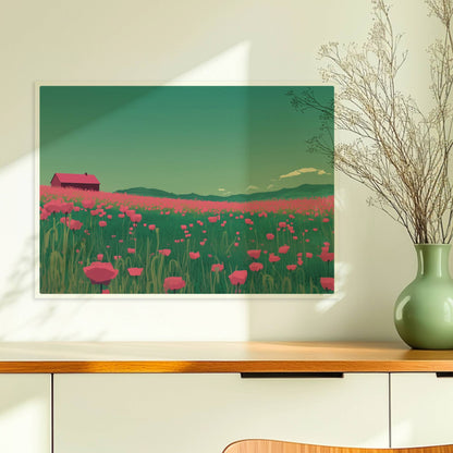 Weites Feld mit roten Mohnblumen und einsamer Scheune unter grünem Himmel – idyllische Landschaft, verträumte Stimmung.. Ohne Rahmen 70x50