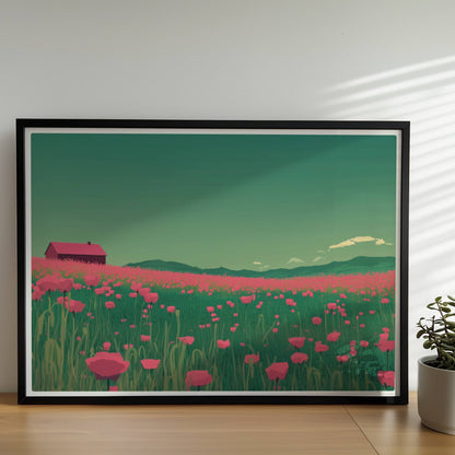 Weites Feld mit roten Mohnblumen und einsamer Scheune unter grünem Himmel – idyllische Landschaft, verträumte Stimmung.. Rahmen schwarz 70x50