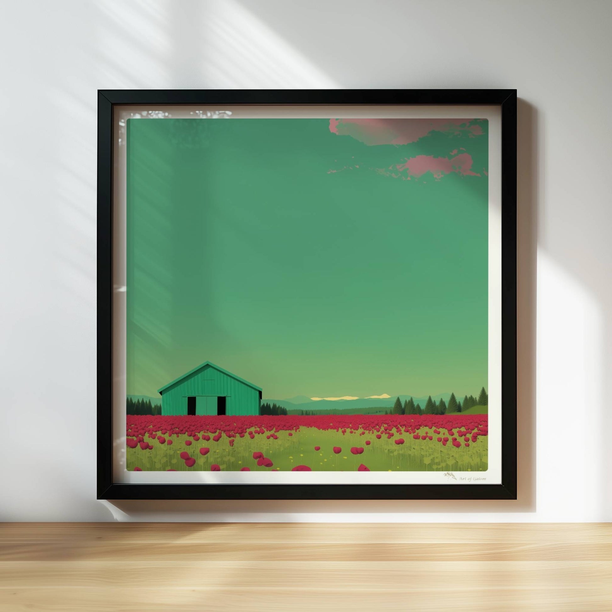 Grüne Scheune vor einem weiten Mohnblumenfeld mit rosa Wolken – friedliche Landschaft in warmen Tönen.. Rahmen schwarz 30x30