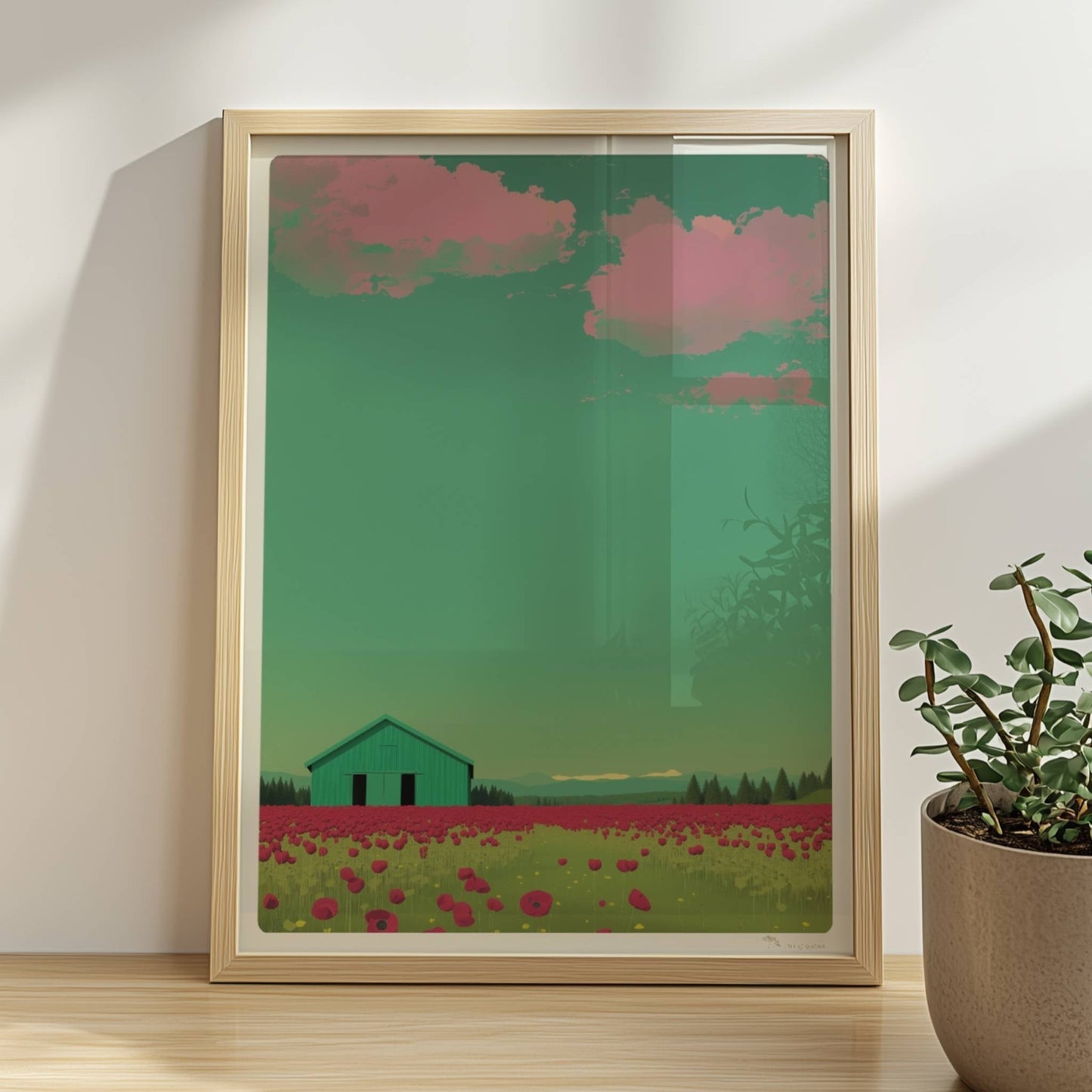 Grüne Scheune vor einem weiten Mohnblumenfeld mit rosa Wolken – friedliche Landschaft in warmen Tönen.. Rahmen natur 30x40