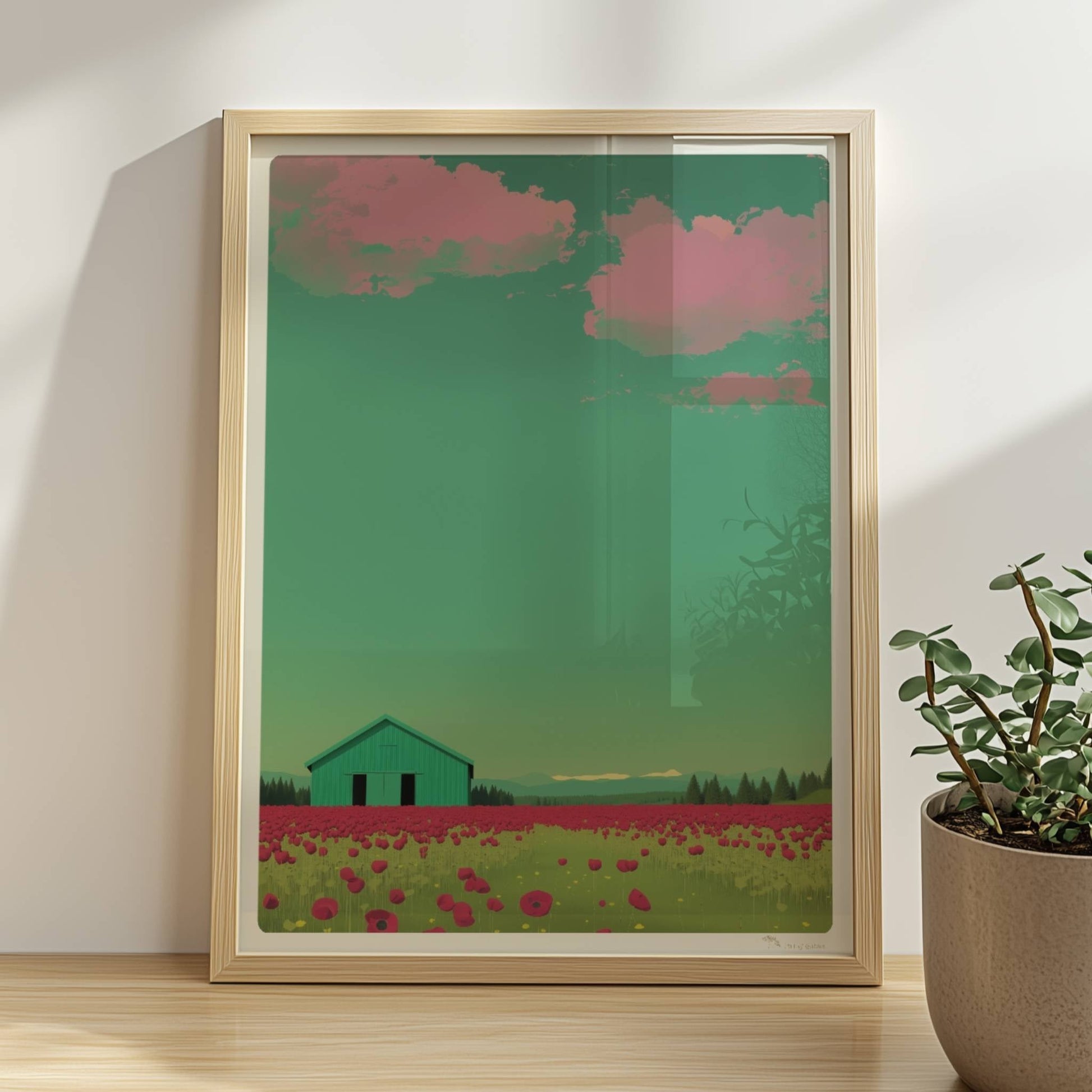 Grüne Scheune vor einem weiten Mohnblumenfeld mit rosa Wolken – friedliche Landschaft in warmen Tönen.. Rahmen natur 30x40