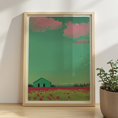 Grüne Scheune vor einem weiten Mohnblumenfeld mit rosa Wolken – friedliche Landschaft in warmen Tönen.. Rahmen natur 30x40