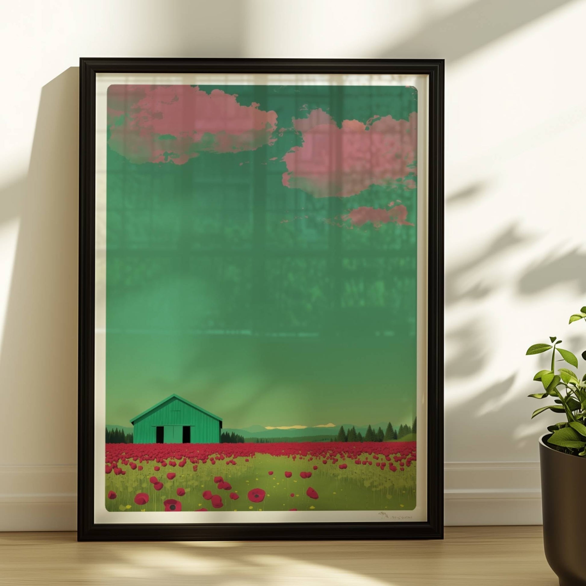 Grüne Scheune vor einem weiten Mohnblumenfeld mit rosa Wolken – friedliche Landschaft in warmen Tönen.. Rahmen schwarz 30x40