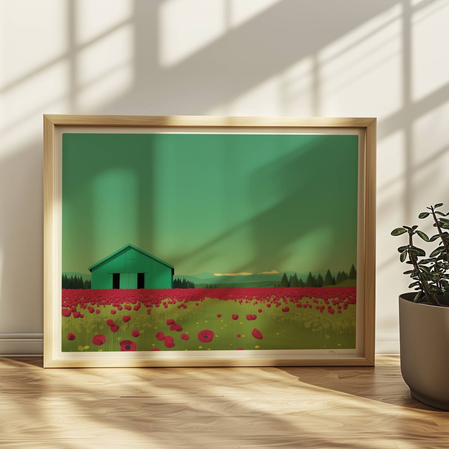 Grüne Scheune vor einem weiten Mohnblumenfeld mit rosa Wolken – friedliche Landschaft in warmen Tönen.. Rahmen natur 40x30