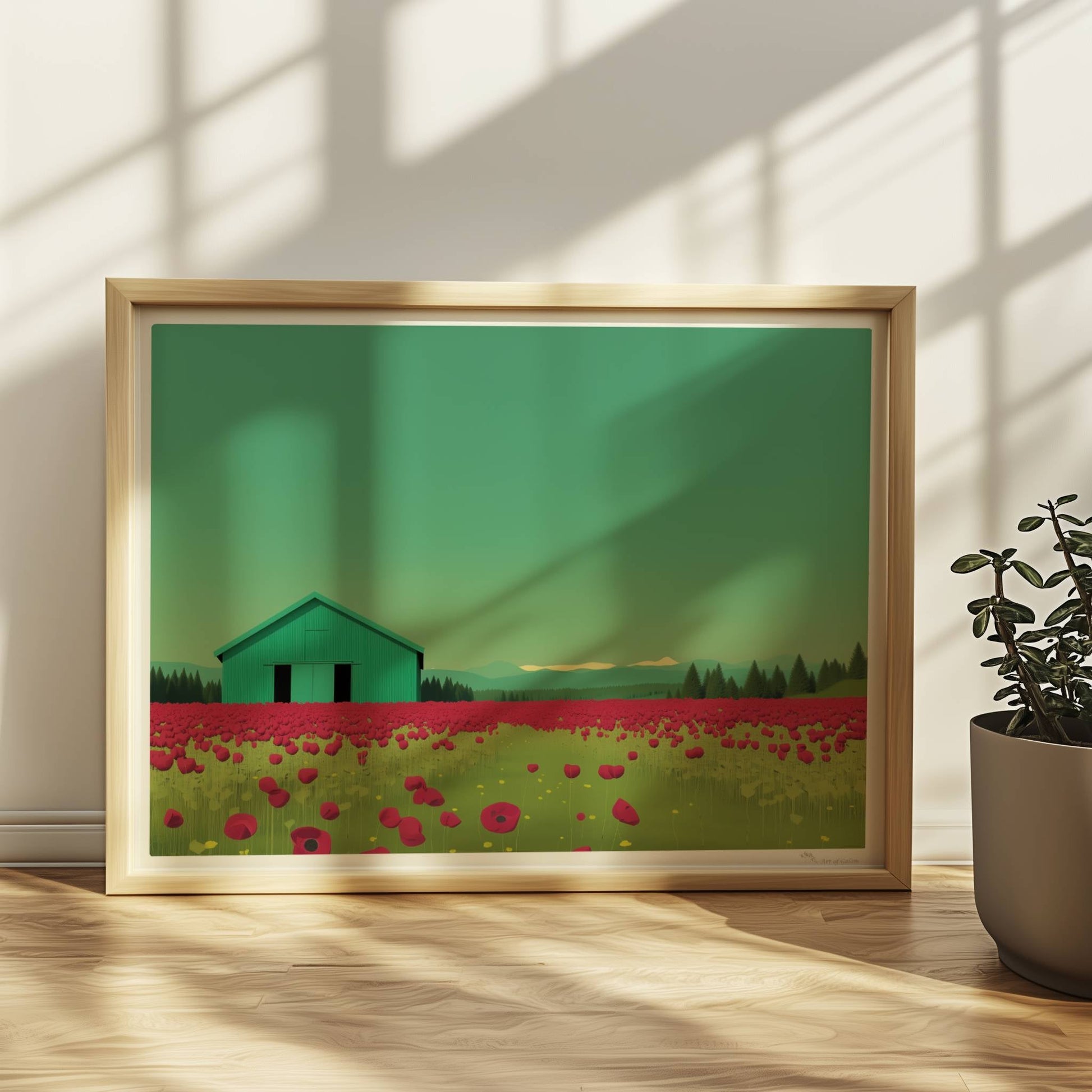 Grüne Scheune vor einem weiten Mohnblumenfeld mit rosa Wolken – friedliche Landschaft in warmen Tönen.. Rahmen natur 40x30