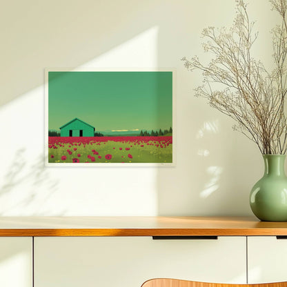Grüne Scheune vor einem weiten Mohnblumenfeld mit rosa Wolken – friedliche Landschaft in warmen Tönen.. Ohne Rahmen 40x30
