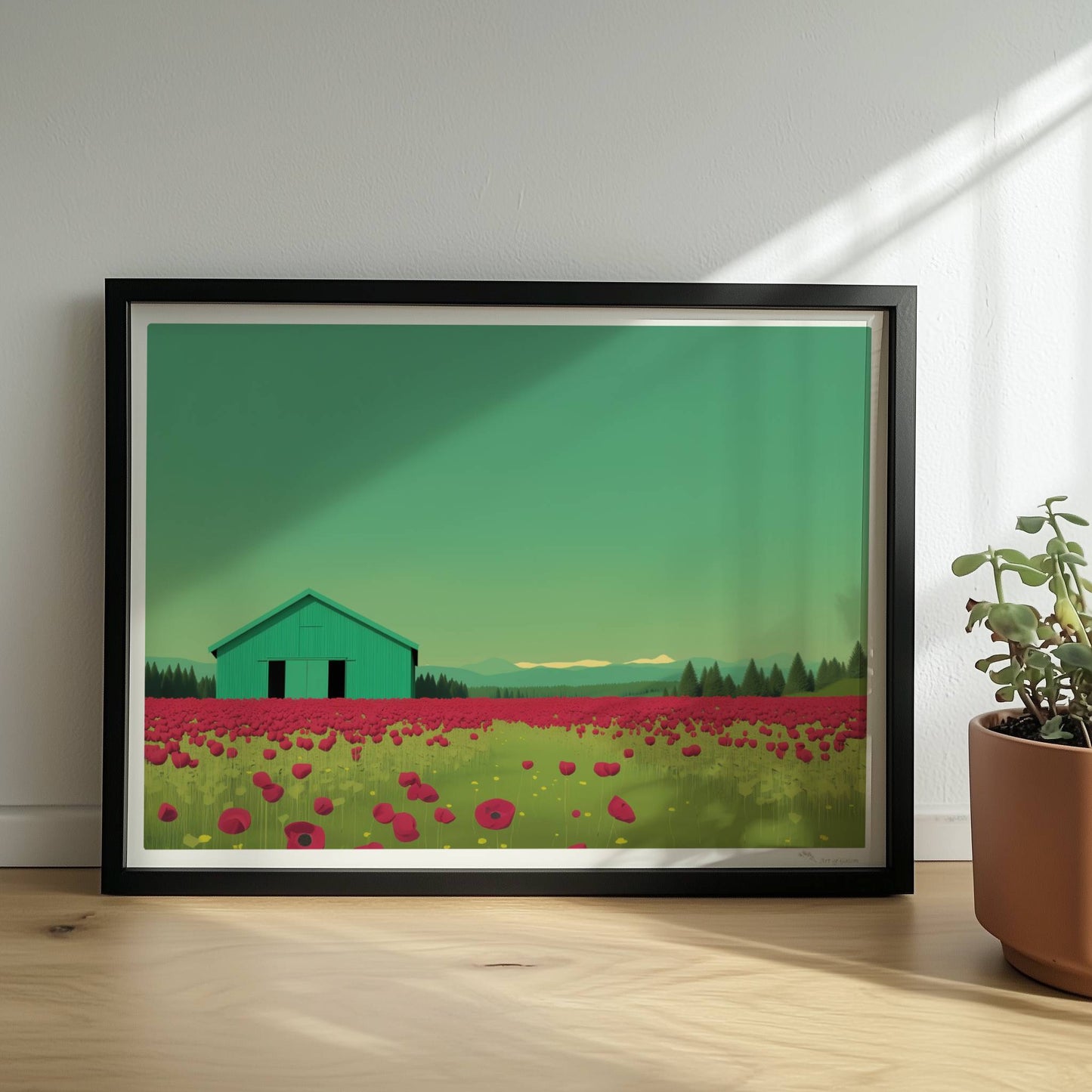 Grüne Scheune vor einem weiten Mohnblumenfeld mit rosa Wolken – friedliche Landschaft in warmen Tönen.. Rahmen schwarz 40x30