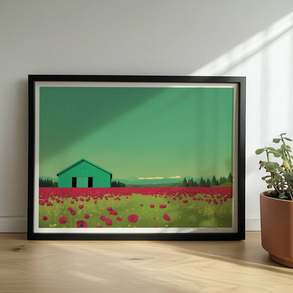 Grüne Scheune vor einem weiten Mohnblumenfeld mit rosa Wolken – friedliche Landschaft in warmen Tönen.. Rahmen schwarz 40x30