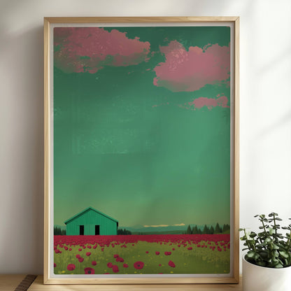 Grüne Scheune vor einem weiten Mohnblumenfeld mit rosa Wolken – friedliche Landschaft in warmen Tönen.. Rahmen natur 50x70