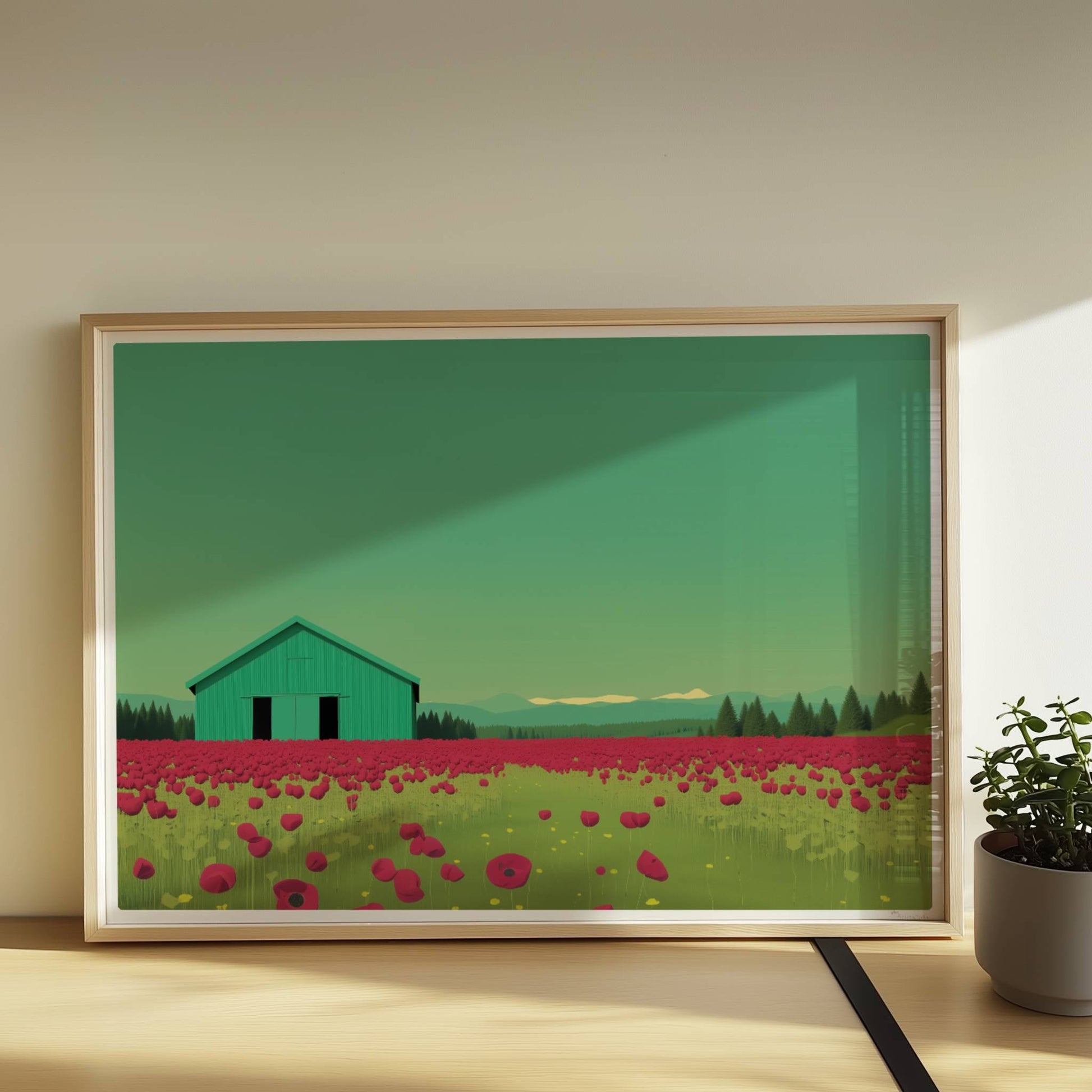 Grüne Scheune vor einem weiten Mohnblumenfeld mit rosa Wolken – friedliche Landschaft in warmen Tönen.. Rahmen natur 70x50