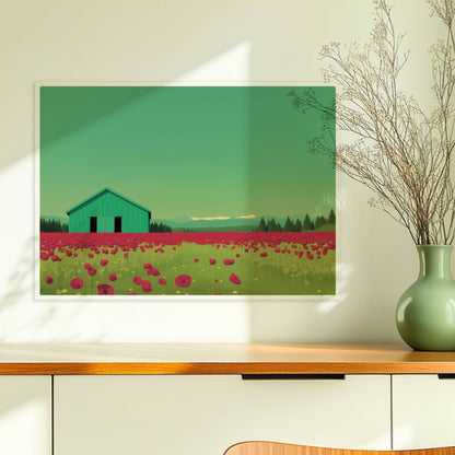 Grüne Scheune vor einem weiten Mohnblumenfeld mit rosa Wolken – friedliche Landschaft in warmen Tönen.. Ohne Rahmen 70x50