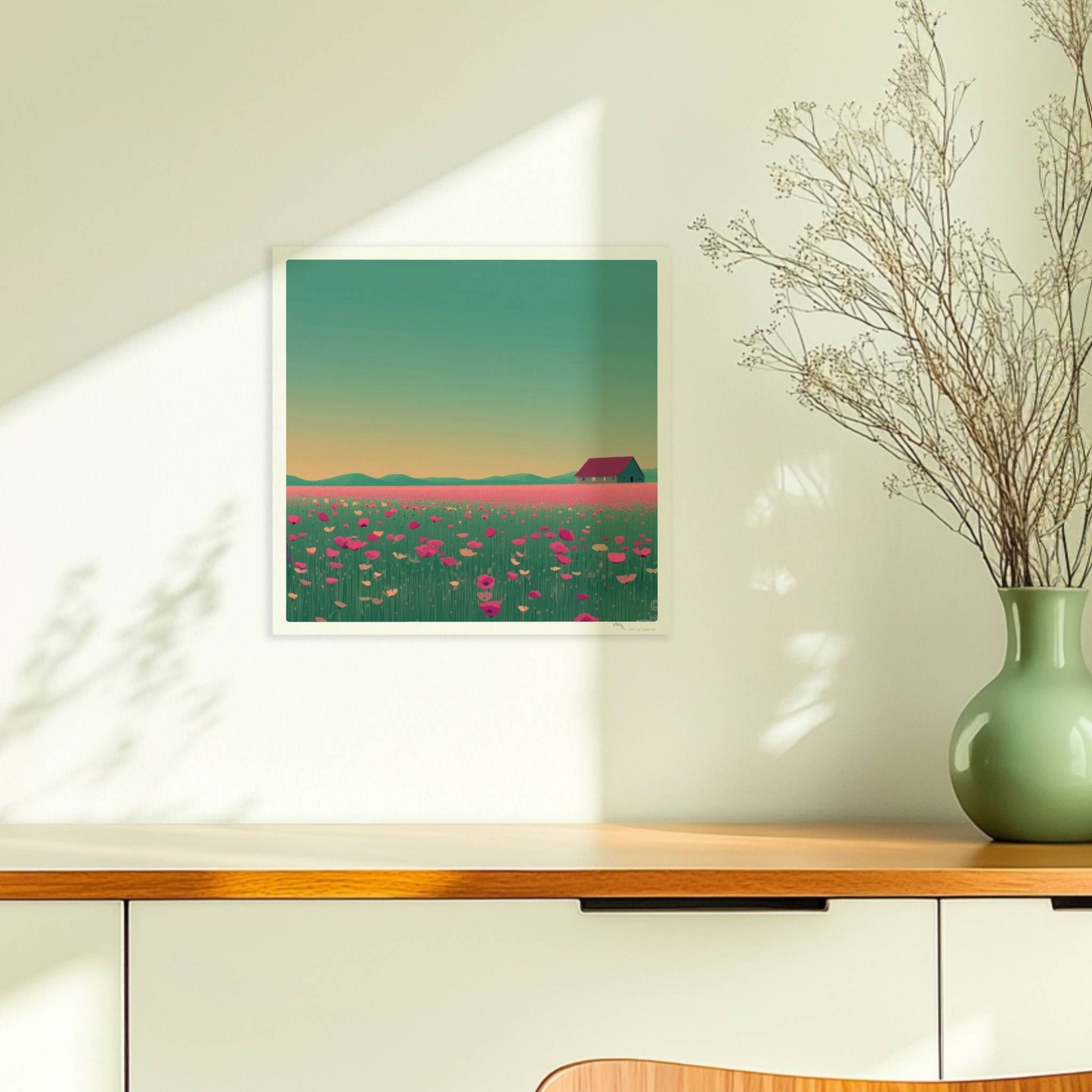 Weite Wiese mit pinken Mohnblumen und einsamer Scheune vor sanft gelbem Abendhimmel – romantische Landschaft.. Ohne Rahmen 30x30