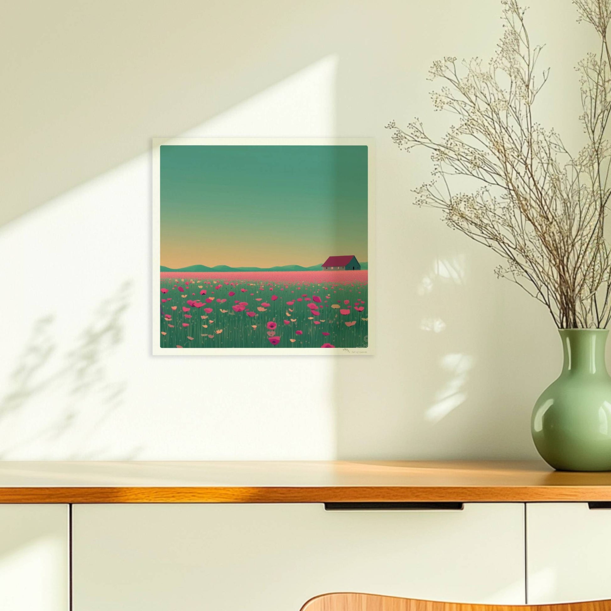 Weite Wiese mit pinken Mohnblumen und einsamer Scheune vor sanft gelbem Abendhimmel – romantische Landschaft.. Ohne Rahmen 30x30