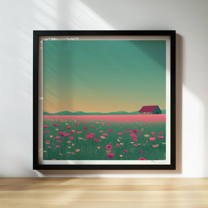 Weite Wiese mit pinken Mohnblumen und einsamer Scheune vor sanft gelbem Abendhimmel – romantische Landschaft.. Rahmen schwarz 30x30