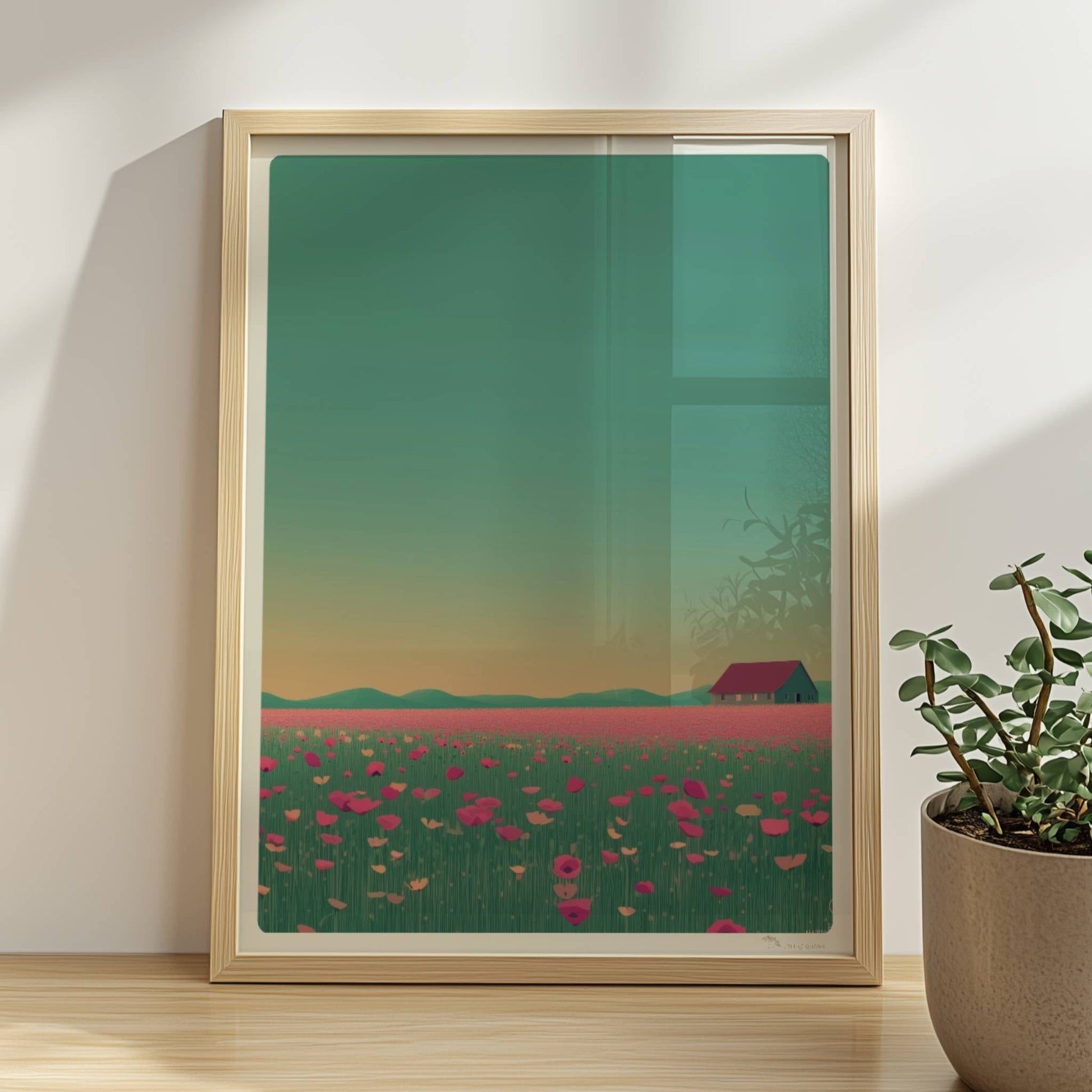 Weite Wiese mit pinken Mohnblumen und einsamer Scheune vor sanft gelbem Abendhimmel – romantische Landschaft.. Rahmen natur 30x40
