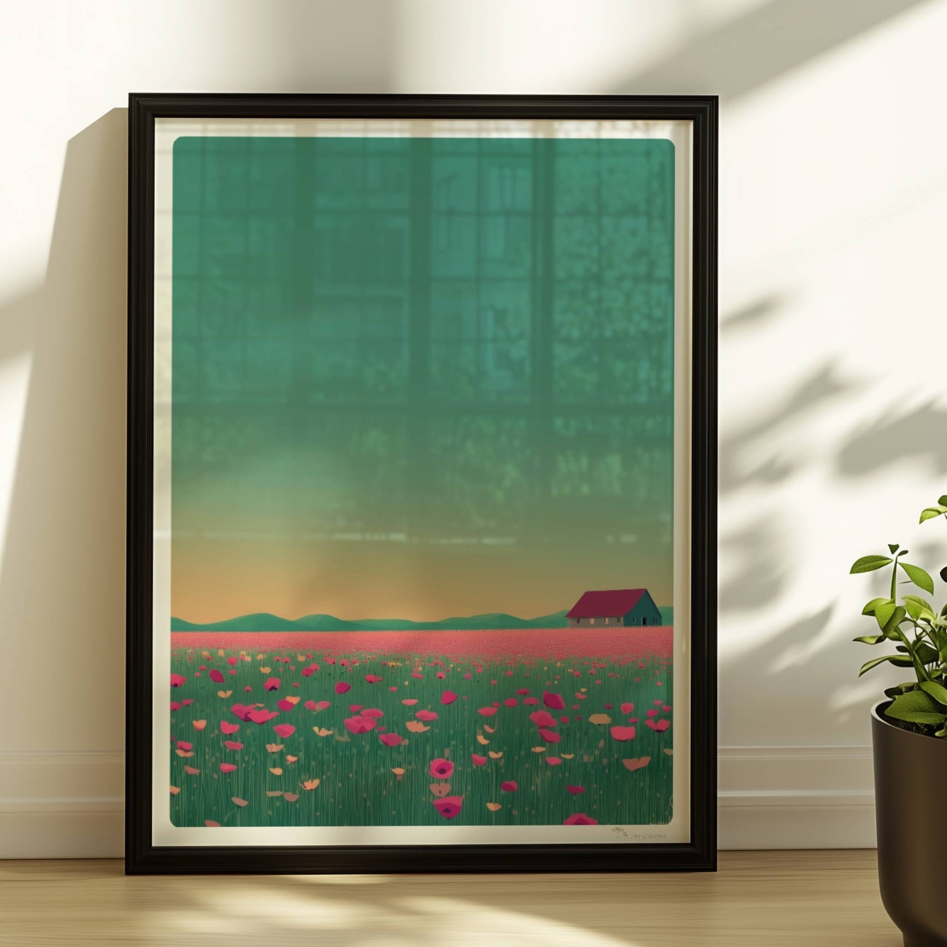 Weite Wiese mit pinken Mohnblumen und einsamer Scheune vor sanft gelbem Abendhimmel – romantische Landschaft.. Rahmen schwarz 30x40