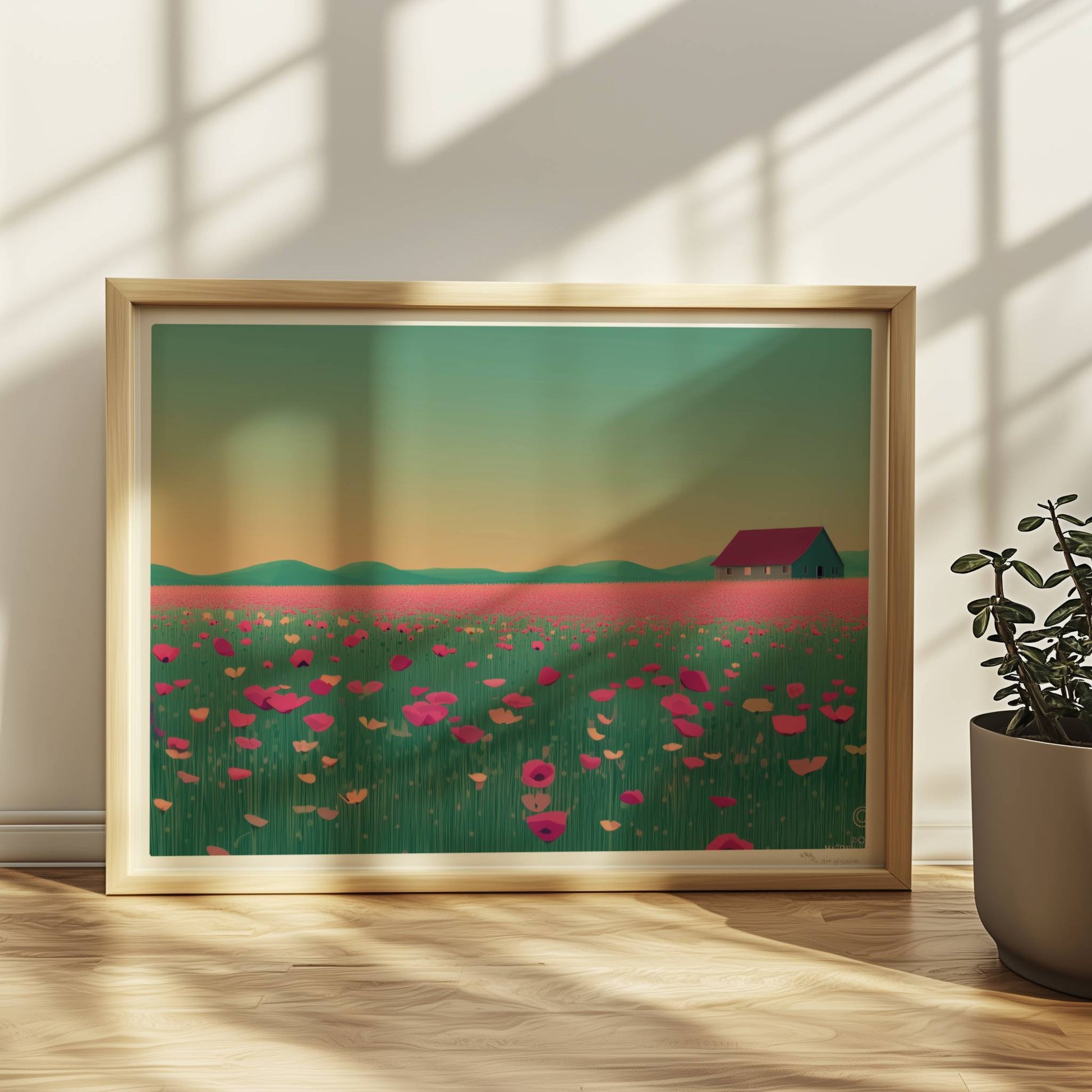 Weite Wiese mit pinken Mohnblumen und einsamer Scheune vor sanft gelbem Abendhimmel – romantische Landschaft.. Rahmen natur 40x30