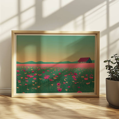 Weite Wiese mit pinken Mohnblumen und einsamer Scheune vor sanft gelbem Abendhimmel – romantische Landschaft.. Rahmen natur 40x30