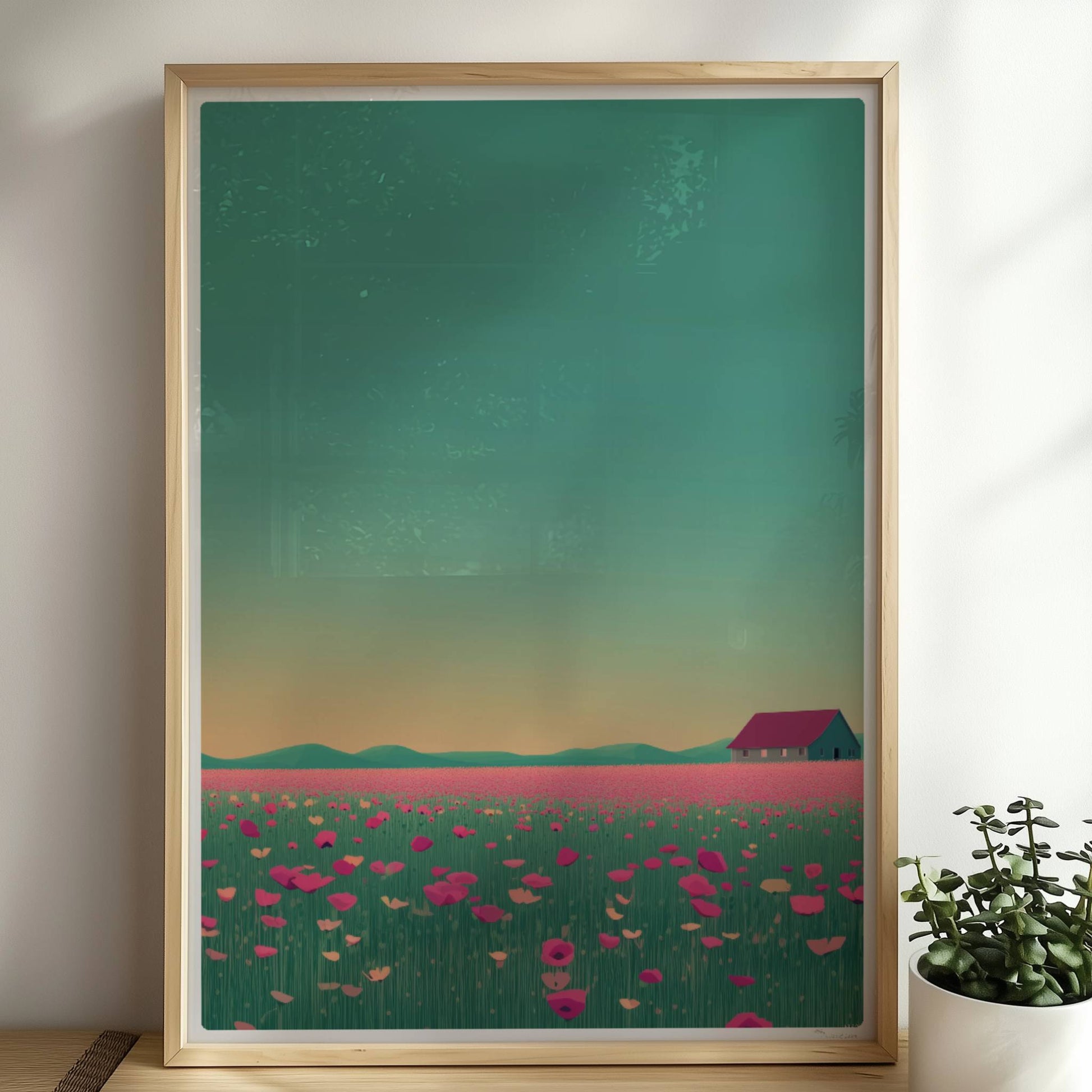 Weite Wiese mit pinken Mohnblumen und einsamer Scheune vor sanft gelbem Abendhimmel – romantische Landschaft.. Rahmen natur 50x70