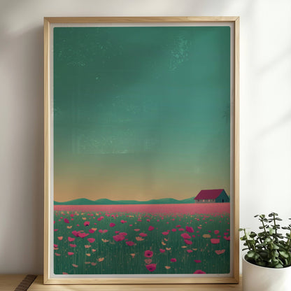 Weite Wiese mit pinken Mohnblumen und einsamer Scheune vor sanft gelbem Abendhimmel – romantische Landschaft.. Rahmen natur 50x70