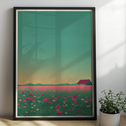 Weite Wiese mit pinken Mohnblumen und einsamer Scheune vor sanft gelbem Abendhimmel – romantische Landschaft.. Rahmen schwarz 50x70