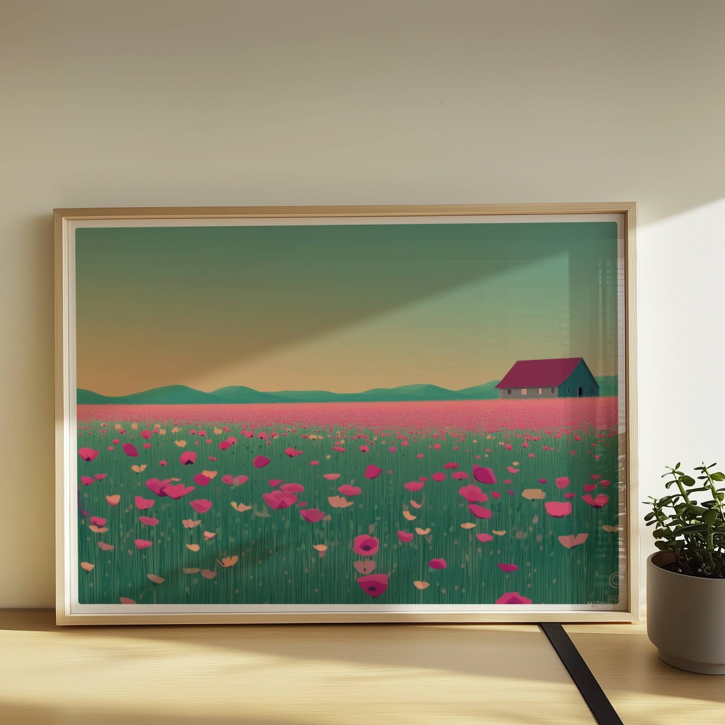 Weite Wiese mit pinken Mohnblumen und einsamer Scheune vor sanft gelbem Abendhimmel – romantische Landschaft.. Rahmen natur 70x50